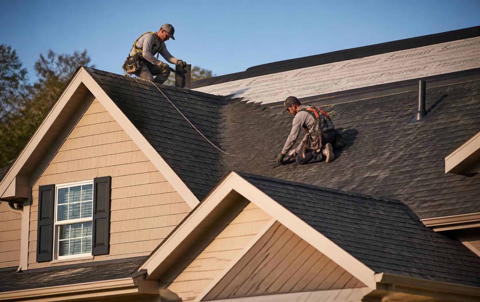 Illustrative photo of architectural asphalt shingles being installed on a residential roof